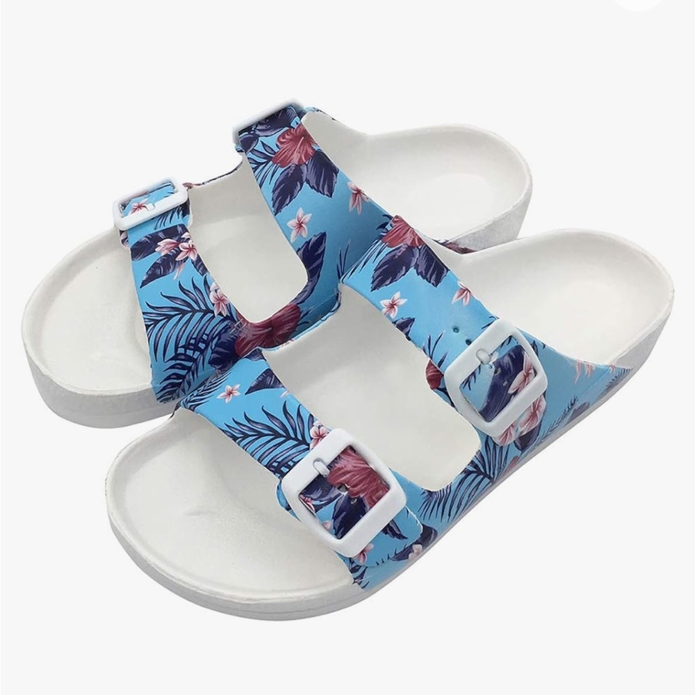 FUNKYMONKEY Women's Comfort Slides Double Buckle Adjustable EVA Flat Sandals